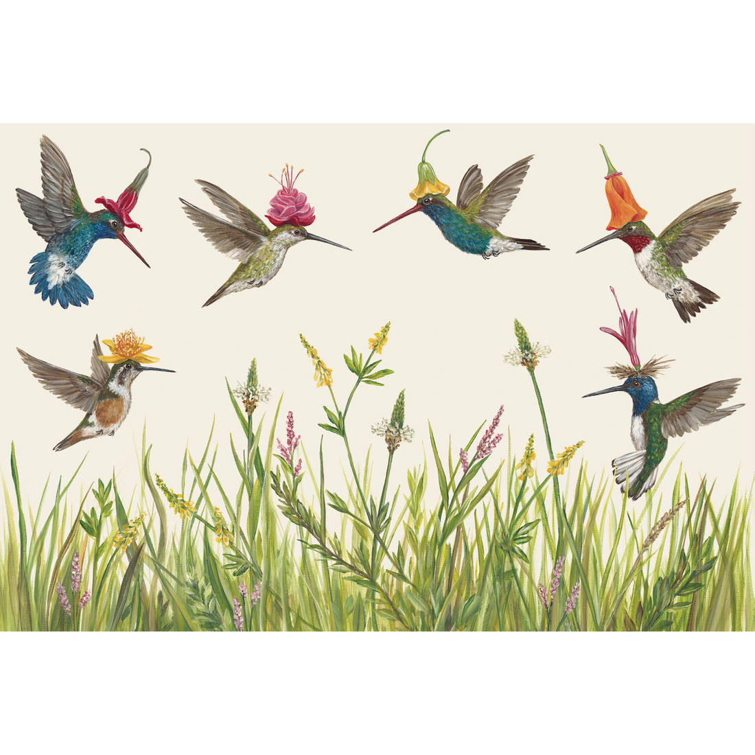 A whimsical illustration of six vibrant hummingbirds, each wearing a flower as a hat, fluttering over a green grassy field with wildflowers, on a white background. 