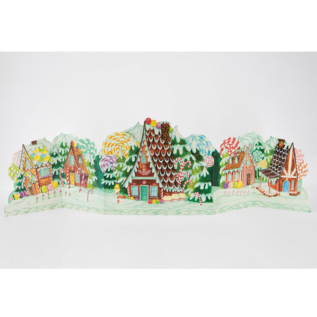 Colorful illustration of a whimsical, fantastical Gingerbread Centerscape village with intricately patterned buildings amidst lush greenery by Hester &amp; Cook.