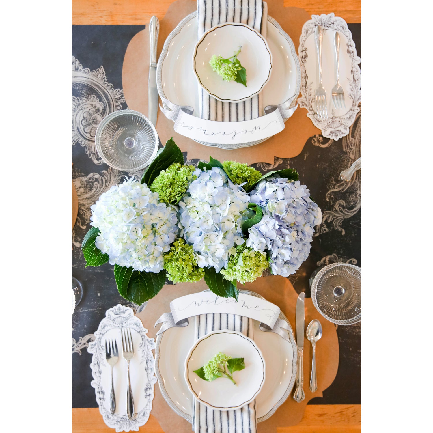 The Black Archival Runner under an elegant table setting, from above.