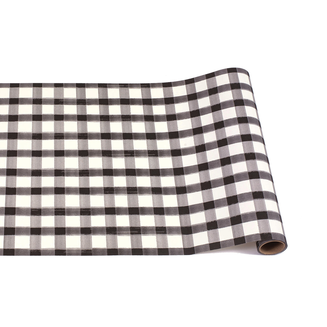 Paper roll with a painted gingham grid check pattern made of gray lines intersecting at black squares, on a white background.