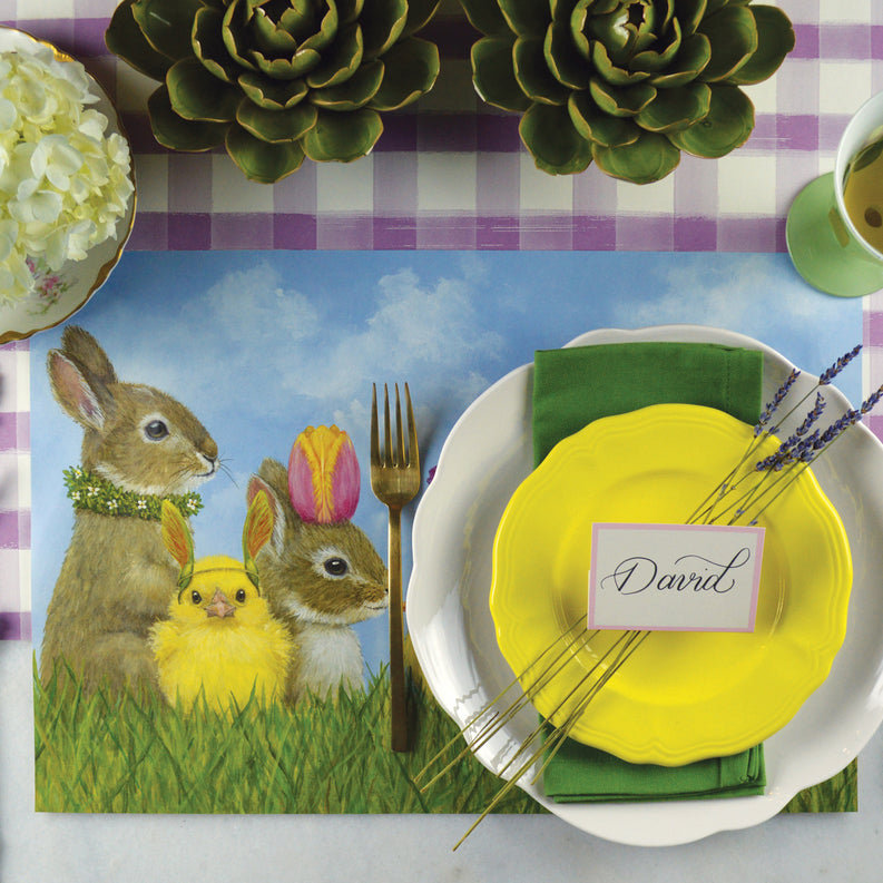 The Garden Gathering Placemat under a vibrant springtime place setting, from above.