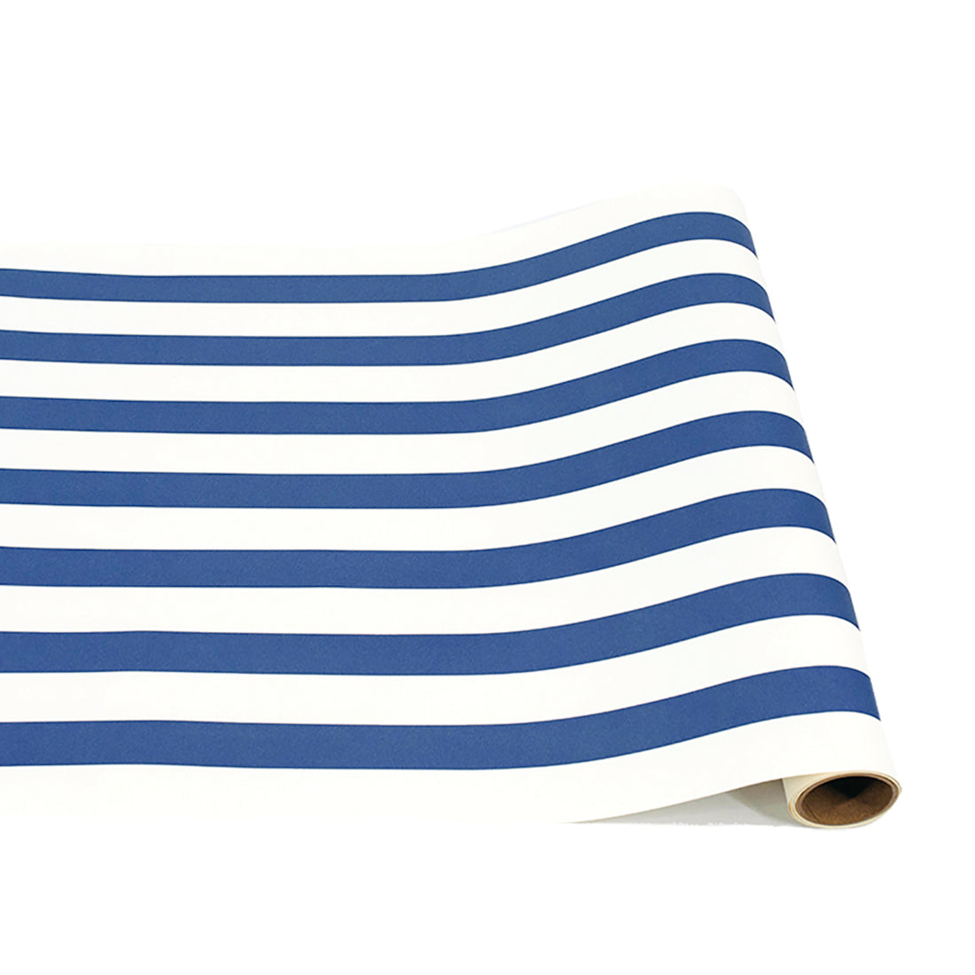 A paper roll with thick navy blue and white stripes running down the length.