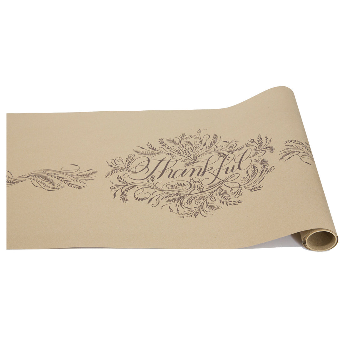 A kraft paper runner roll featuring an elegant calligraphic &quot;Thankful&quot; surrounded by foliage filagree printed in deep brown.