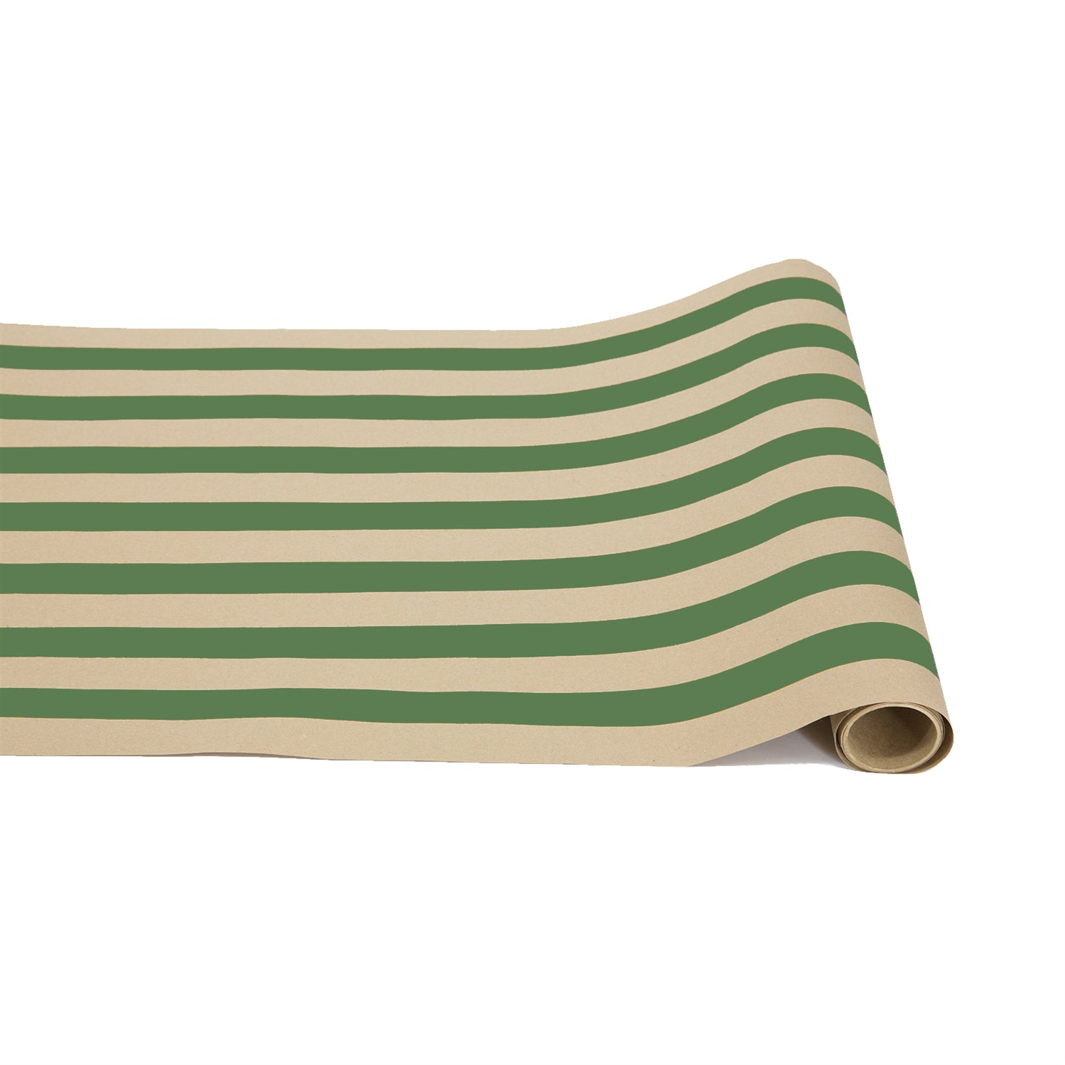 A paper roll with thick dark green and kraft stripes running down the length.