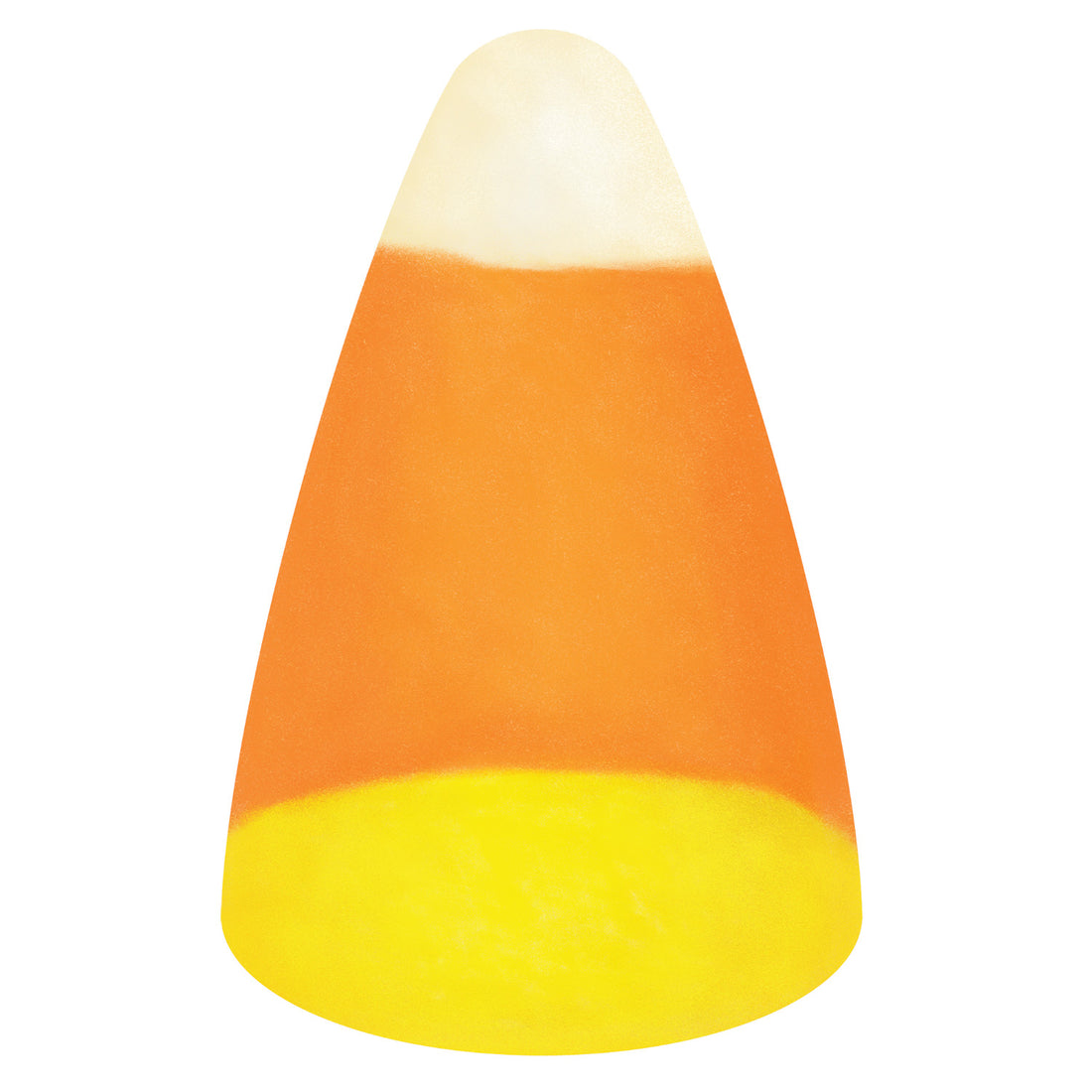 A die-cut illustration of a large piece of candy corn, in the classic orange color with a yellow bottom and white tip.