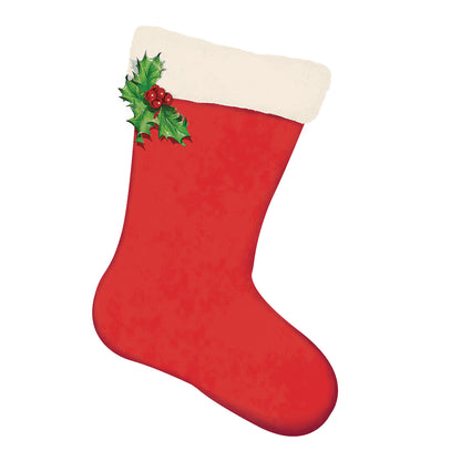 A die-cut illustration of a red Christmas stocking with white trim adorned with a green sprig of holly with red berries.