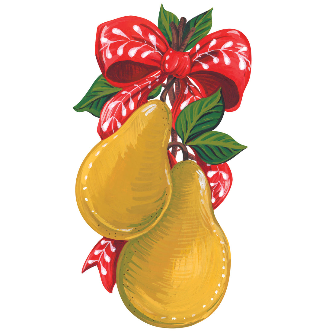 A die-cut illustration of two yellow pears tied by the stems with a red ribbon with white accents. 