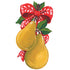 A die-cut illustration of two yellow pears tied by the stems with a red ribbon with white accents. 