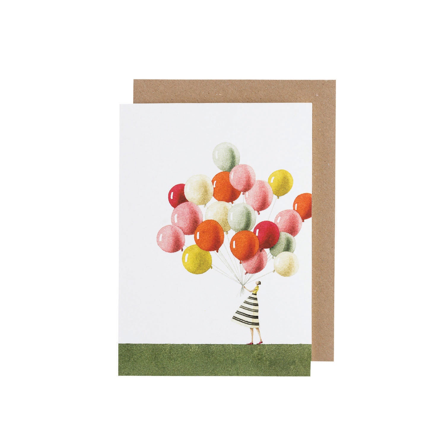 An environmentally sustainable Hester &amp; Cook Balloons Card, Set of 10, featuring a girl in a striped dress holding a bunch of colorful balloons.