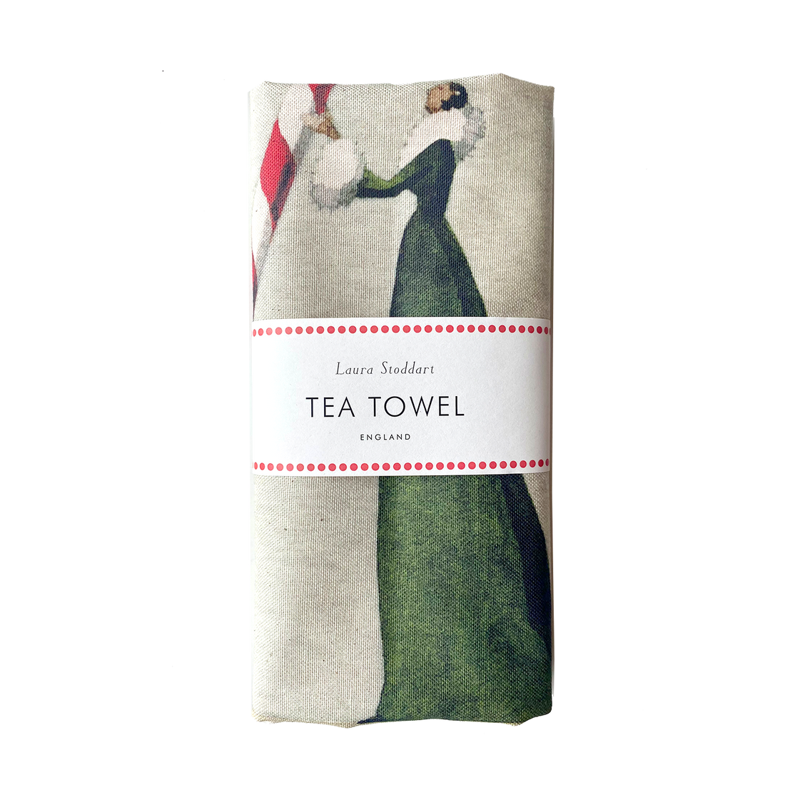 The Candy Cane Tea Towel, illustrated by Laura Stoddart, folded and wrapped in paper retail packaging. 