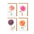 Four different greeting cards featuring illustrations of small people holding gigantic flowers (orange, purple, pink, and red/white) up by the stems, with kraft paper envelopes included.