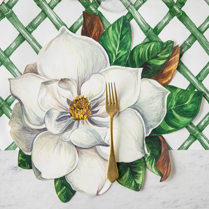 Hand-drawn, Hester &amp; Cook Die-Cut Magnolia Placemats with a unique in-house design.