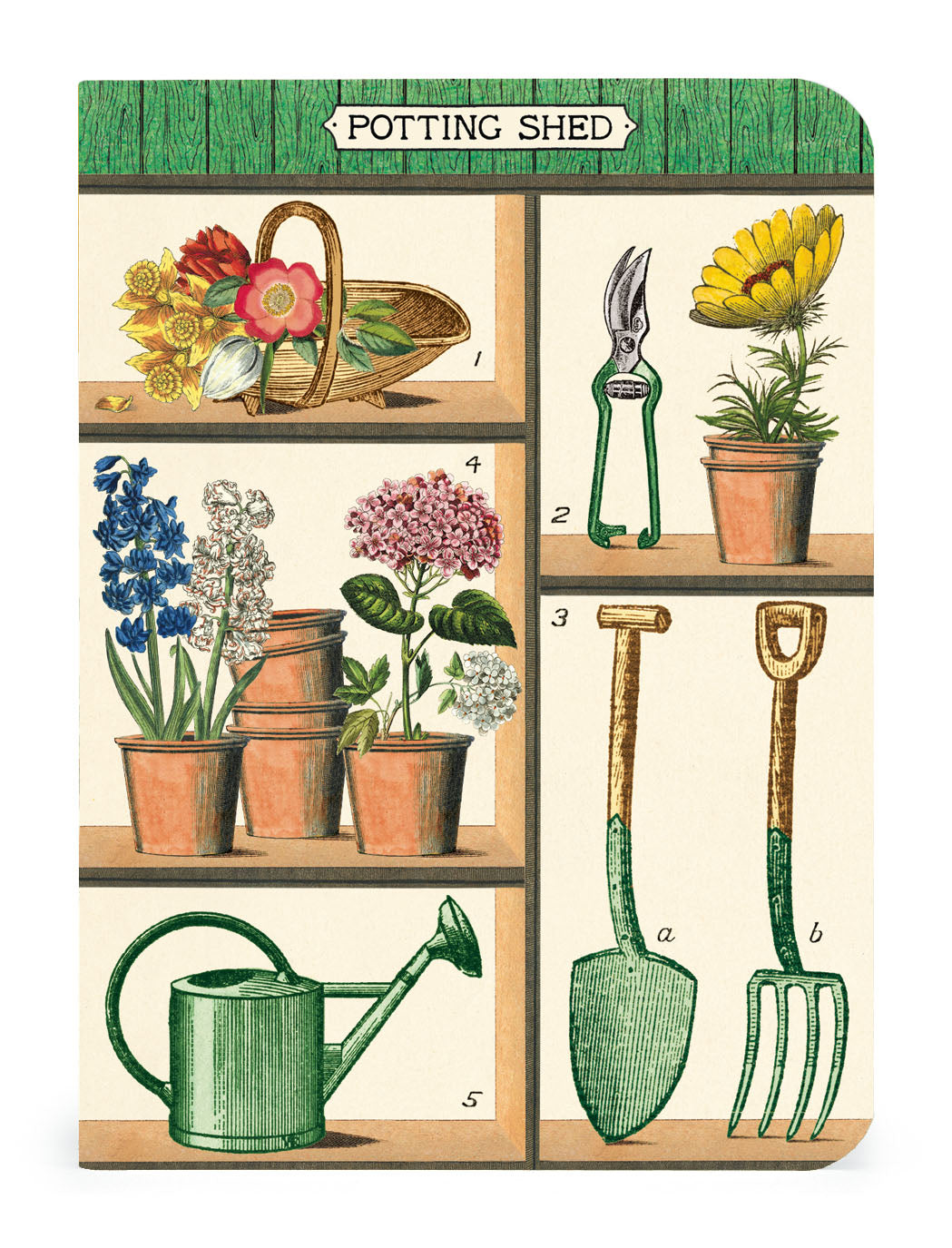 Vintage artwork Cavallini Papers &amp; Co potting shed coaster featuring illustrations of Gardening 3 Mini Notebooks tools and flowers.
