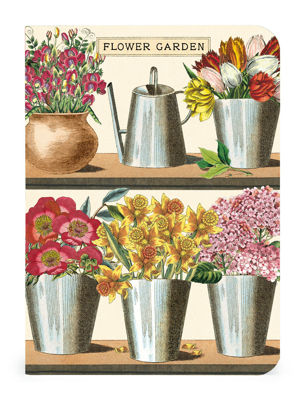 A Gardening 3 Mini Notebooks set with flowers in pots on a shelf by Cavallini Papers &amp; Co.