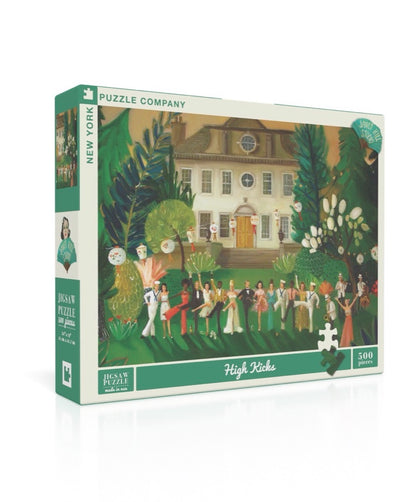 A High Kicks Puzzle from New York Puzzle Company depicting a painting by artist Janet Hill of a group of people in front of a house.