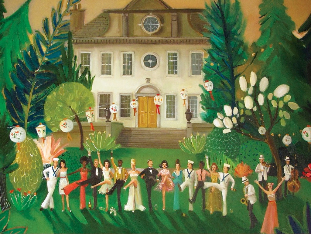 A High Kicks Puzzle from New York Puzzle Company depicting a painting by artist Janet Hill of a group of people in front of a house.