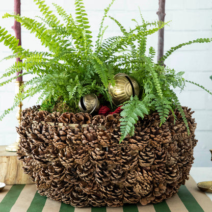 A Large Pinecone Bowl filled with greenery and ornaments, on a table.