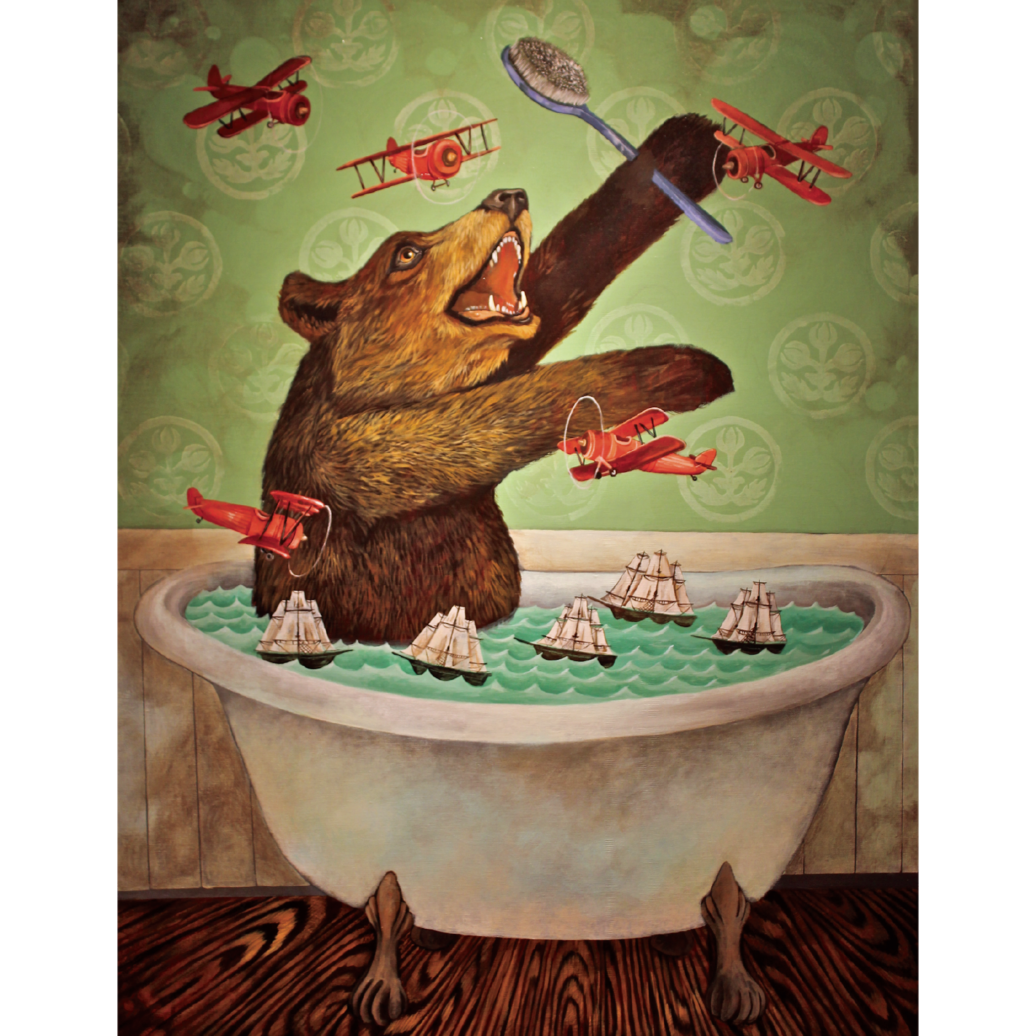 A whimsical illustration of a brown bear sitting in a vintage claw-foot bathtub, toy boats floating in the water and red propeller planes flying through the air.