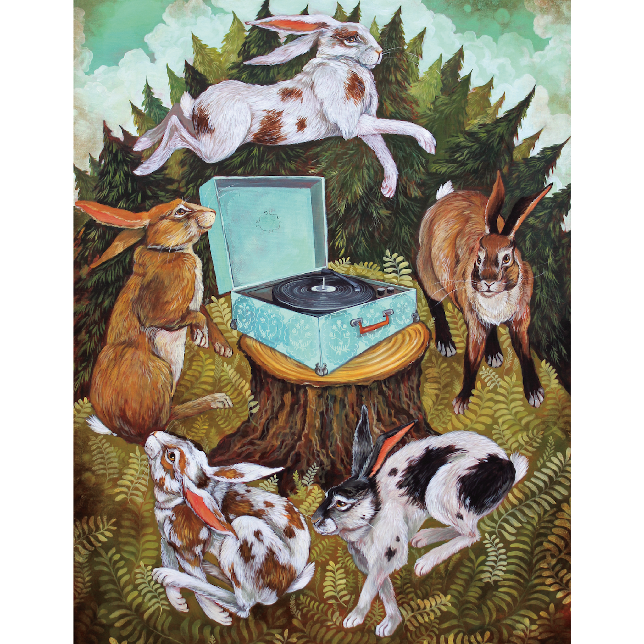 A whimsical illustration of five rabbits in various patterns of brown, white and black, dancing around a record player sitting on a tree stump in the forest.