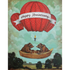 A whimsical illustration of two brown bears sitting in a wooden canoe which is suspended by a red hot air balloon with a ribbon reading "Happy Anniversary" in a teal cloudy sky over a green landscape.