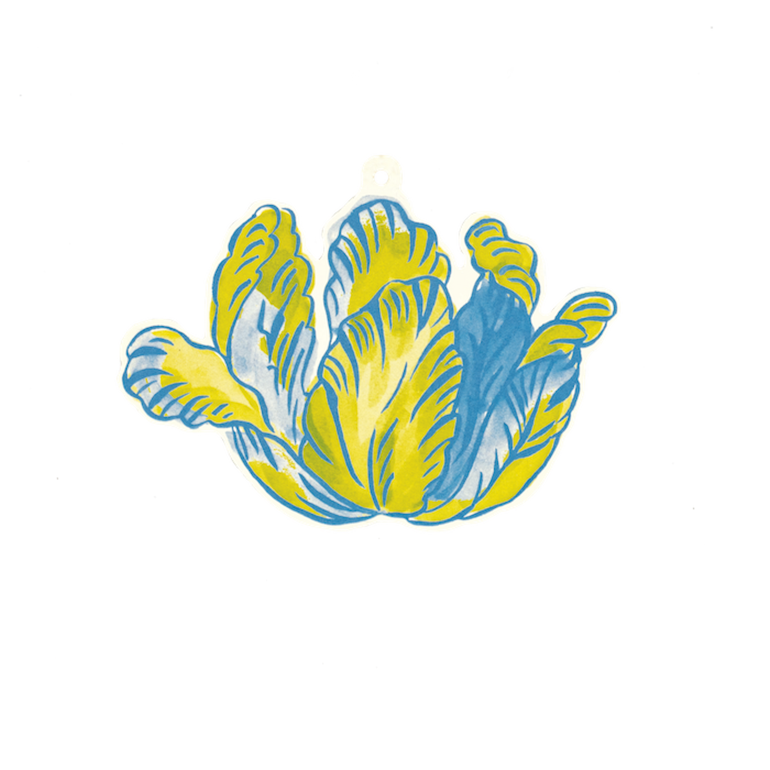 Illustration of a stylized, blue and yellow feathered design on a dark background, inspired by the Hester &amp; Cook Jardiniere Gift Tag collaboration.