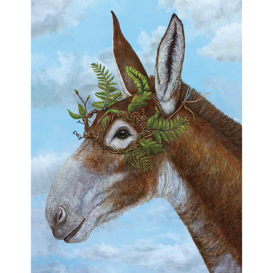 An artwork of a Hester &amp; Cook Mule Masquerade Card wearing a fern mask as a crown.
