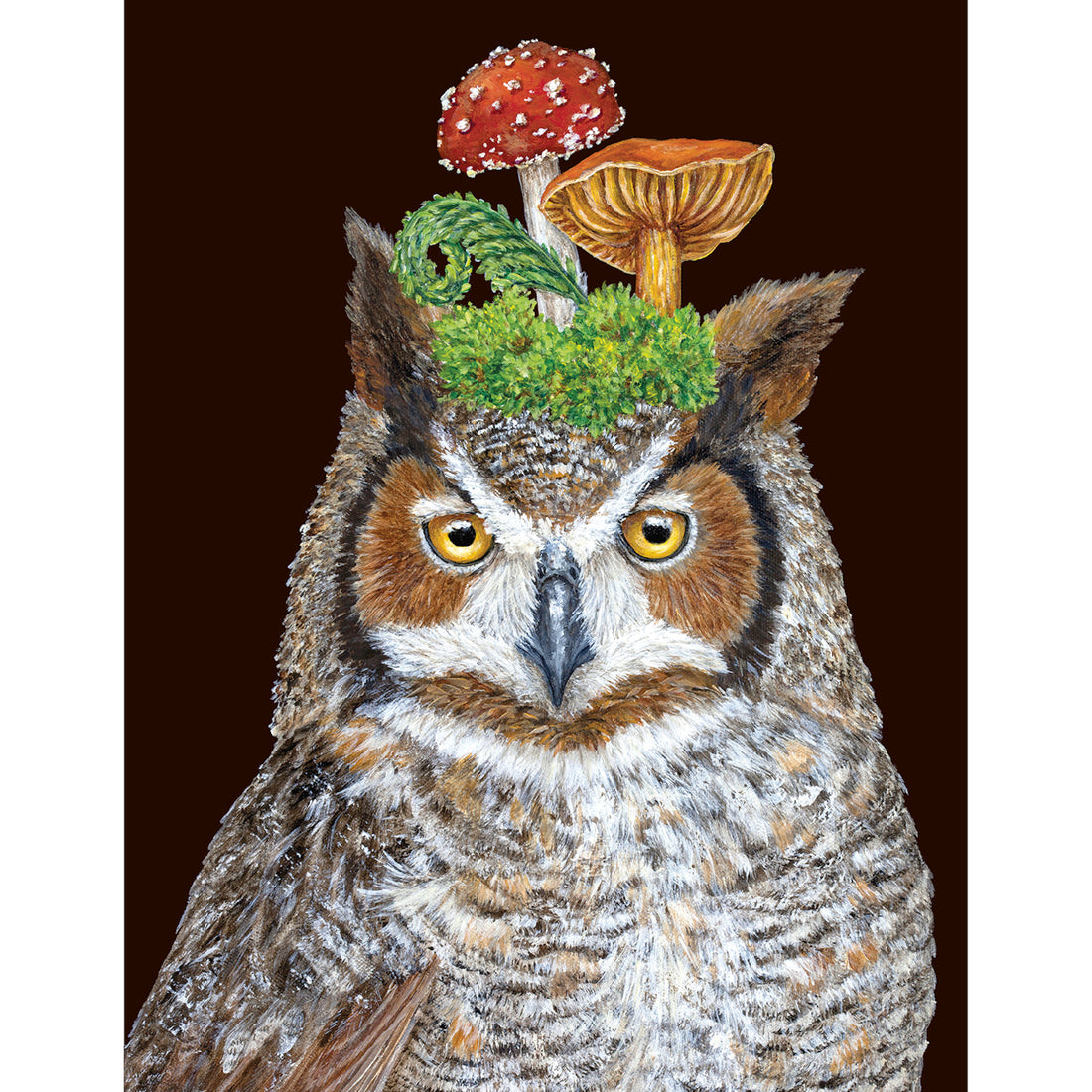 Woody the Owl Card sporting a mushroom on its head in Vicki Sawyer&