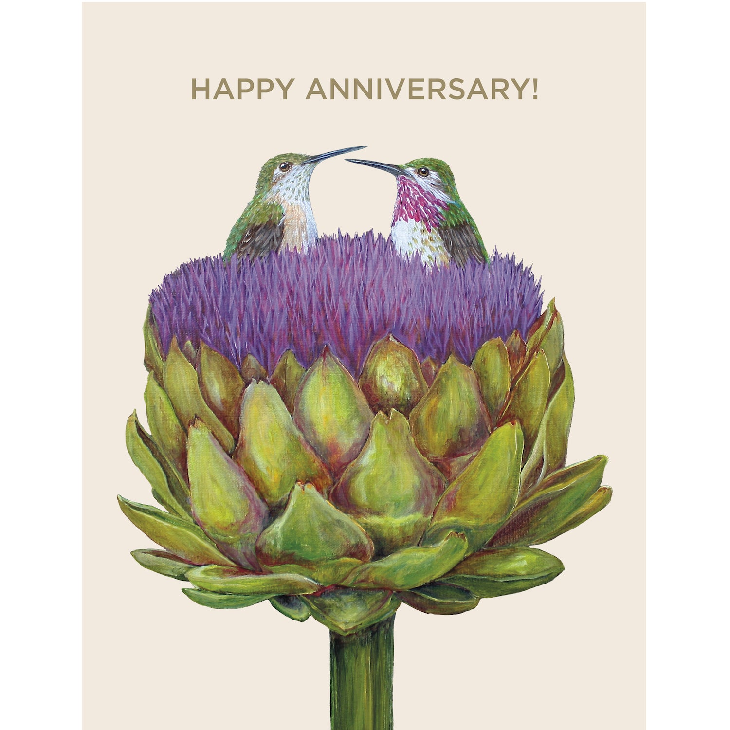 A cream greeting card featuring a charming illustration of two hummingbirds resting together in a purple artichoke bloom, with the words &quot;HAPPY ANNIVERSARY!&quot; printed in gold foil. 