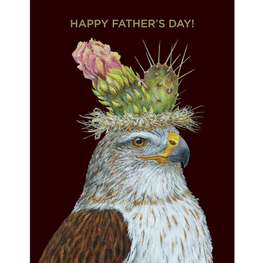 A greeting card featuring a charming illustration of a gray and brown hawk wearing a crown of prickly pear cactus over a black background, with the gold foil message &quot;HAPPY FATHER&