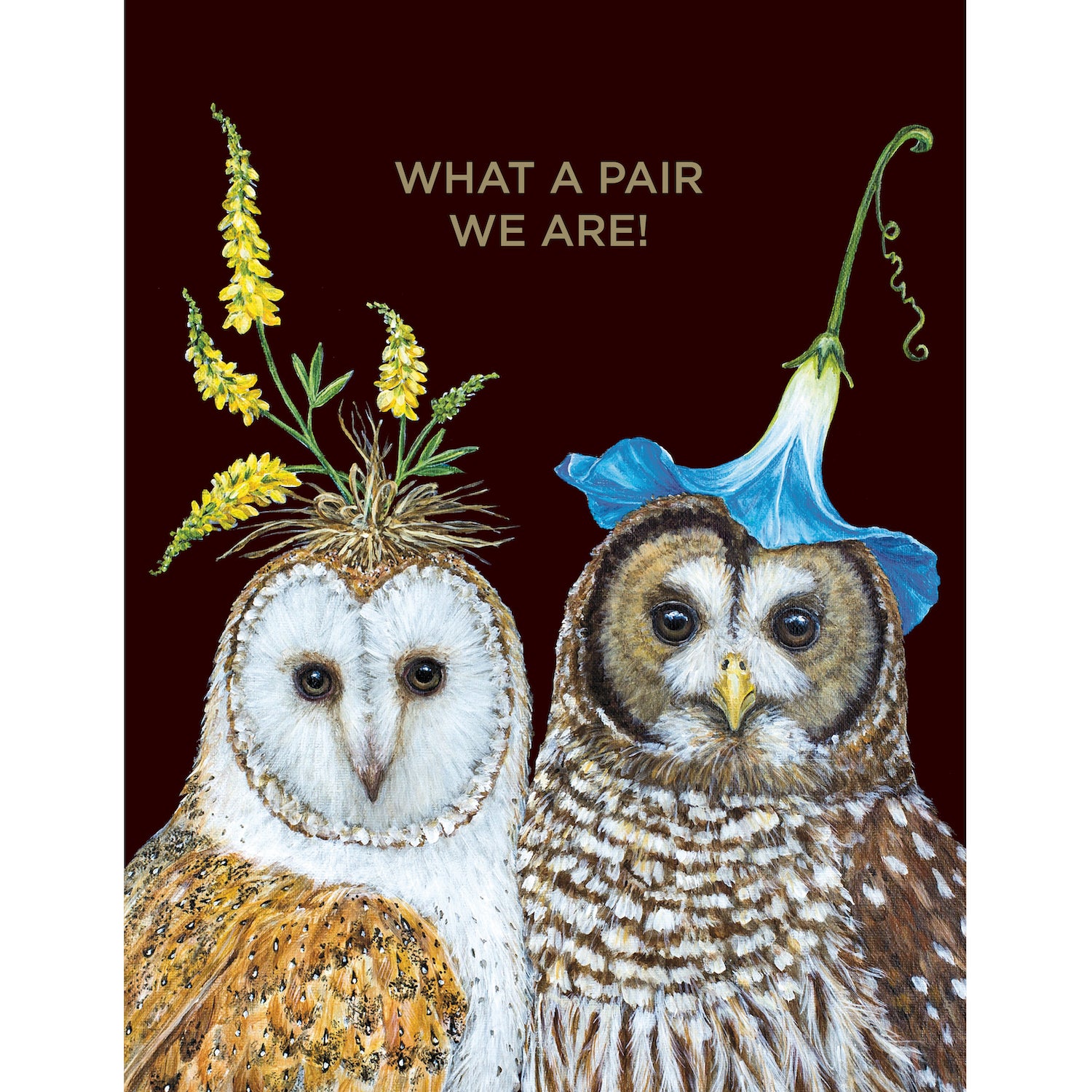 A dark brown greeting card featuring charming illustrated portraits of two owls wearing flowers a hats, with the words &quot;WHAT A PAIR WE ARE!&quot; printed in gold foil. 