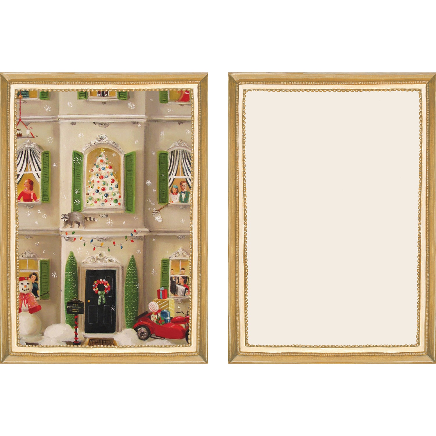 The illustrated front and blank back of a Flat Note, both sides framed in gold, featuring a painterly illustration of a townhome facade where scenes of Christmas festivity can be seen through the windows. 