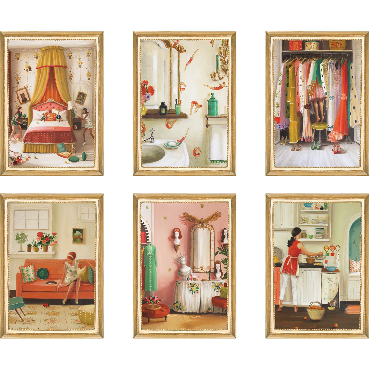 A set of six Home Sweet Home Flat Notes by Hester &amp; Cook featuring various painterly interior scenes from a bedroom, kitchen, closet, living room and bathroom.