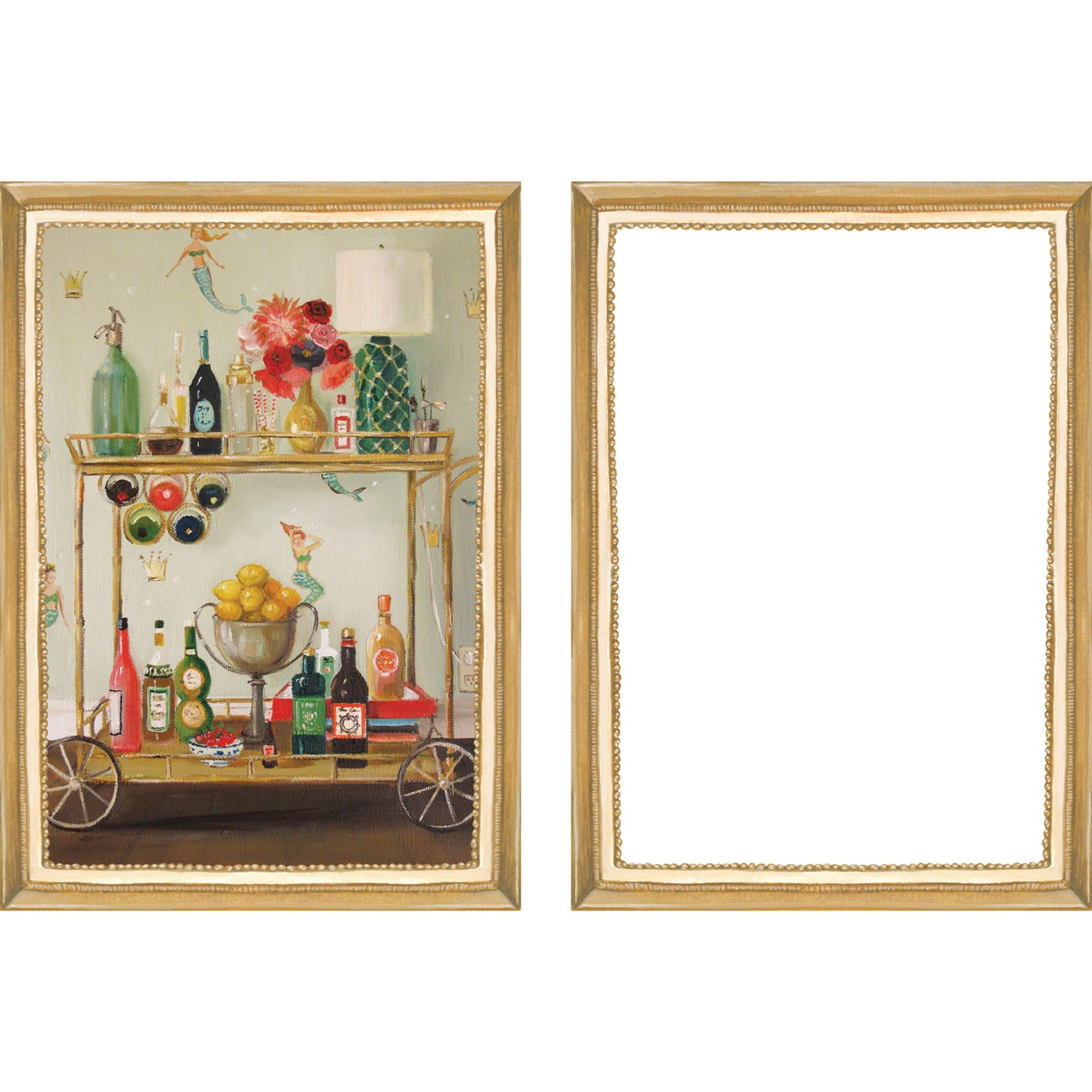 A set of six Hester &amp; Cook Fabulous Fête Flat Note Boxed Set of 6 Cards featuring festive, party-inspired artwork of a living room, dining room, bedroom, and bathroom.