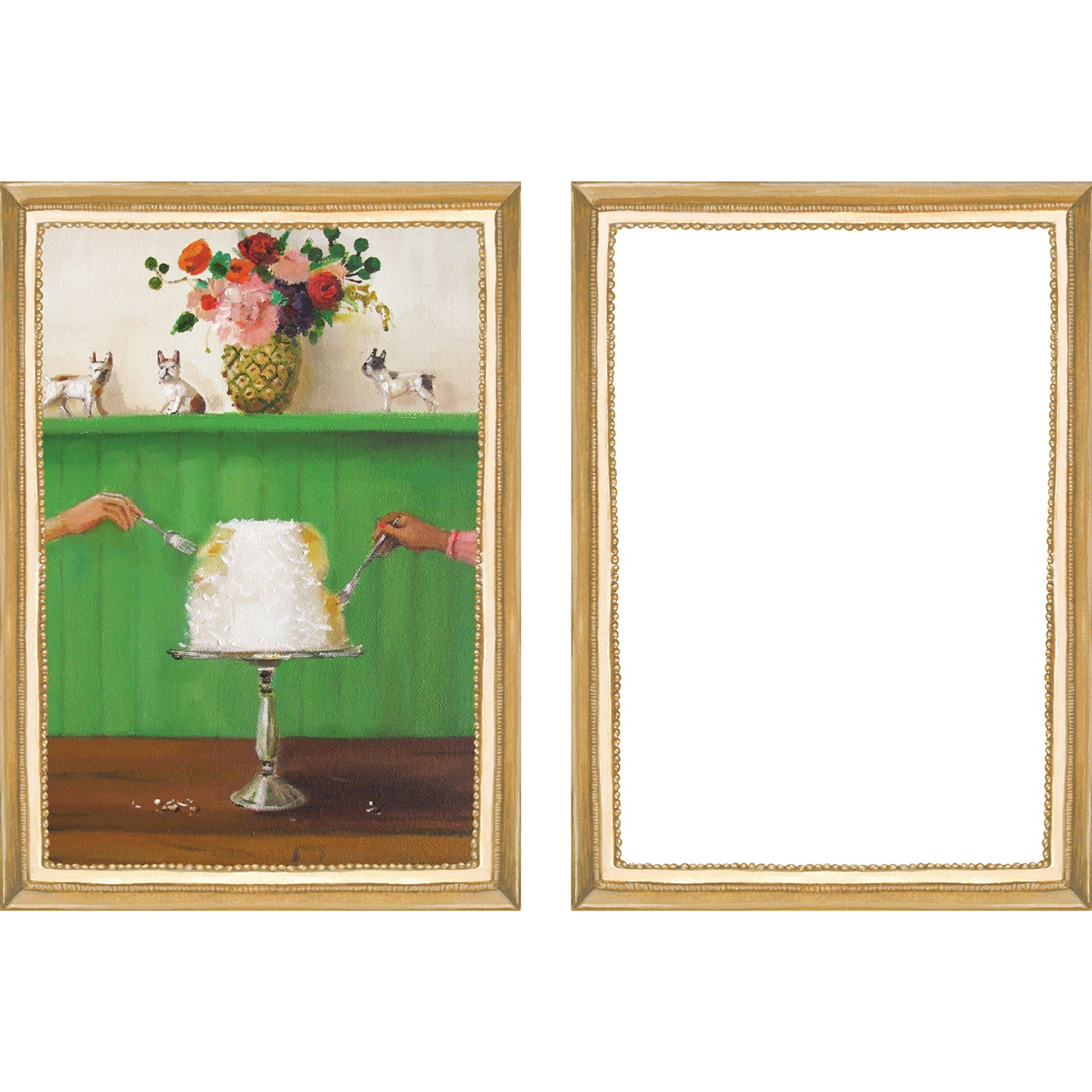 A set of six Hester &amp; Cook Fabulous Fête Flat Note Boxed Set of 6 Cards featuring festive, party-inspired artwork of a living room, dining room, bedroom, and bathroom.