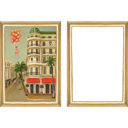 A set of six Hester &amp; Cook Fabulous Fête Flat Note Boxed Set of 6 Cards featuring festive, party-inspired artwork of a living room, dining room, bedroom, and bathroom.