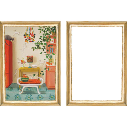 A set of six Hester &amp; Cook Fabulous Fête Flat Note Boxed Set of 6 Cards featuring festive, party-inspired artwork of a living room, dining room, bedroom, and bathroom.