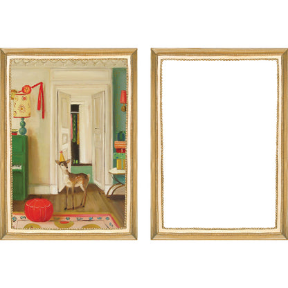 A set of six Hester &amp; Cook Fabulous Fête Flat Note Boxed Set of 6 Cards featuring festive, party-inspired artwork of a living room, dining room, bedroom, and bathroom.