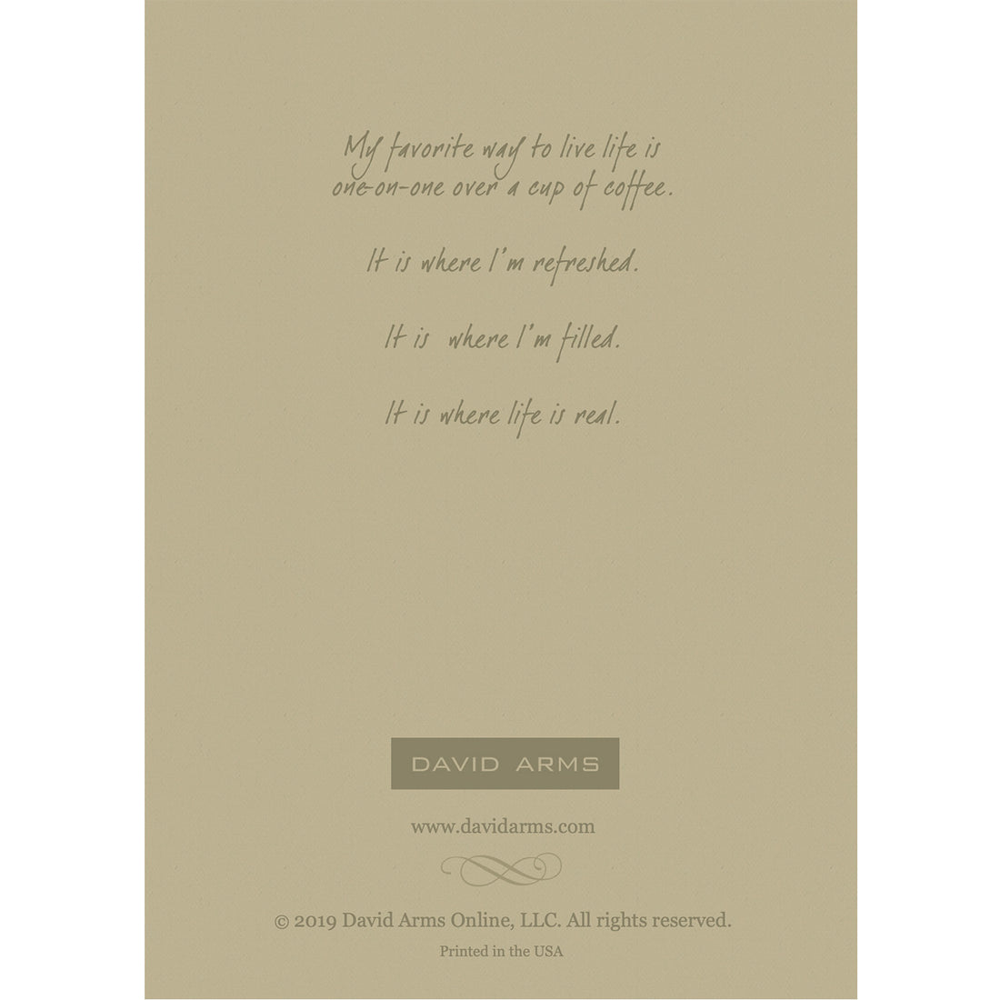 The beige back side of the greeting card, featuring a quote from artist David Arms.