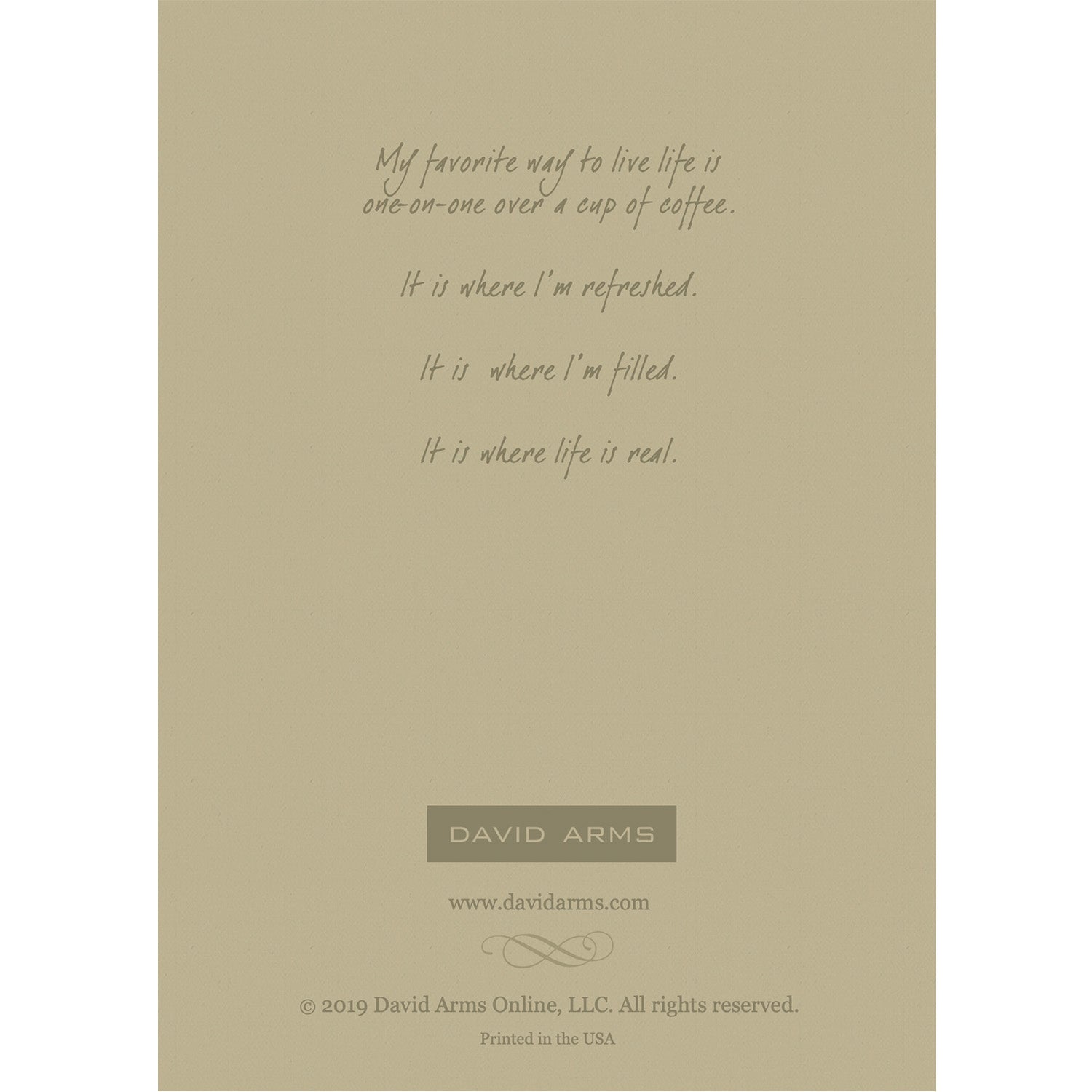 The beige back side of the greeting card, featuring a quote from artist David Arms.