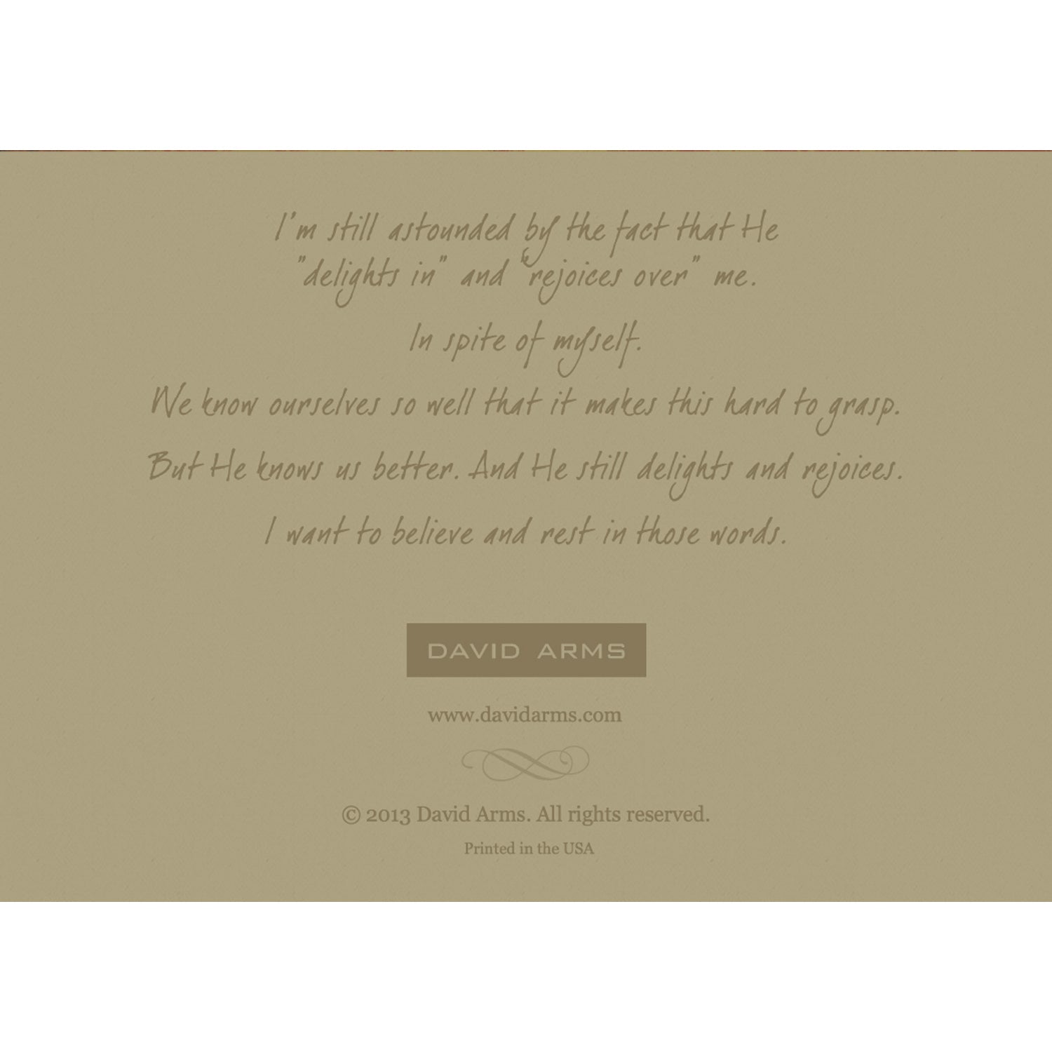 The beige back side of the greeting card, featuring a quote from artist David Arms.