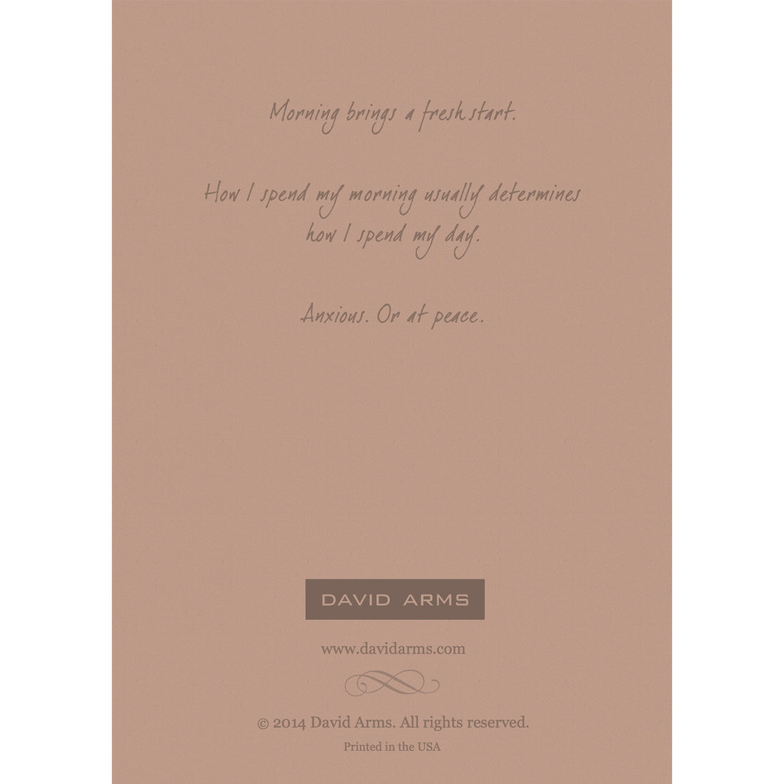 The beige back side of the greeting card, featuring a quote from artist David Arms.