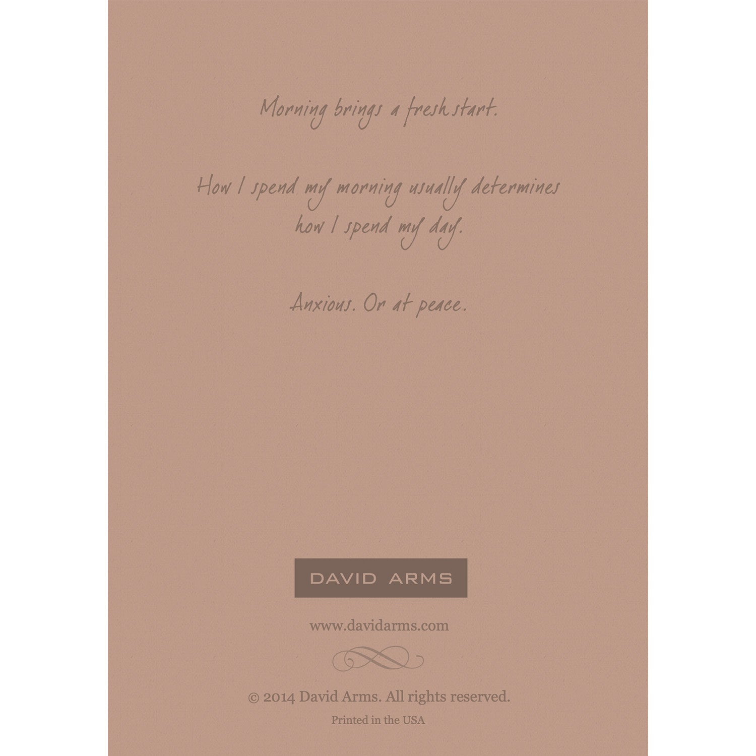 The beige back side of the greeting card, featuring a quote from artist David Arms.