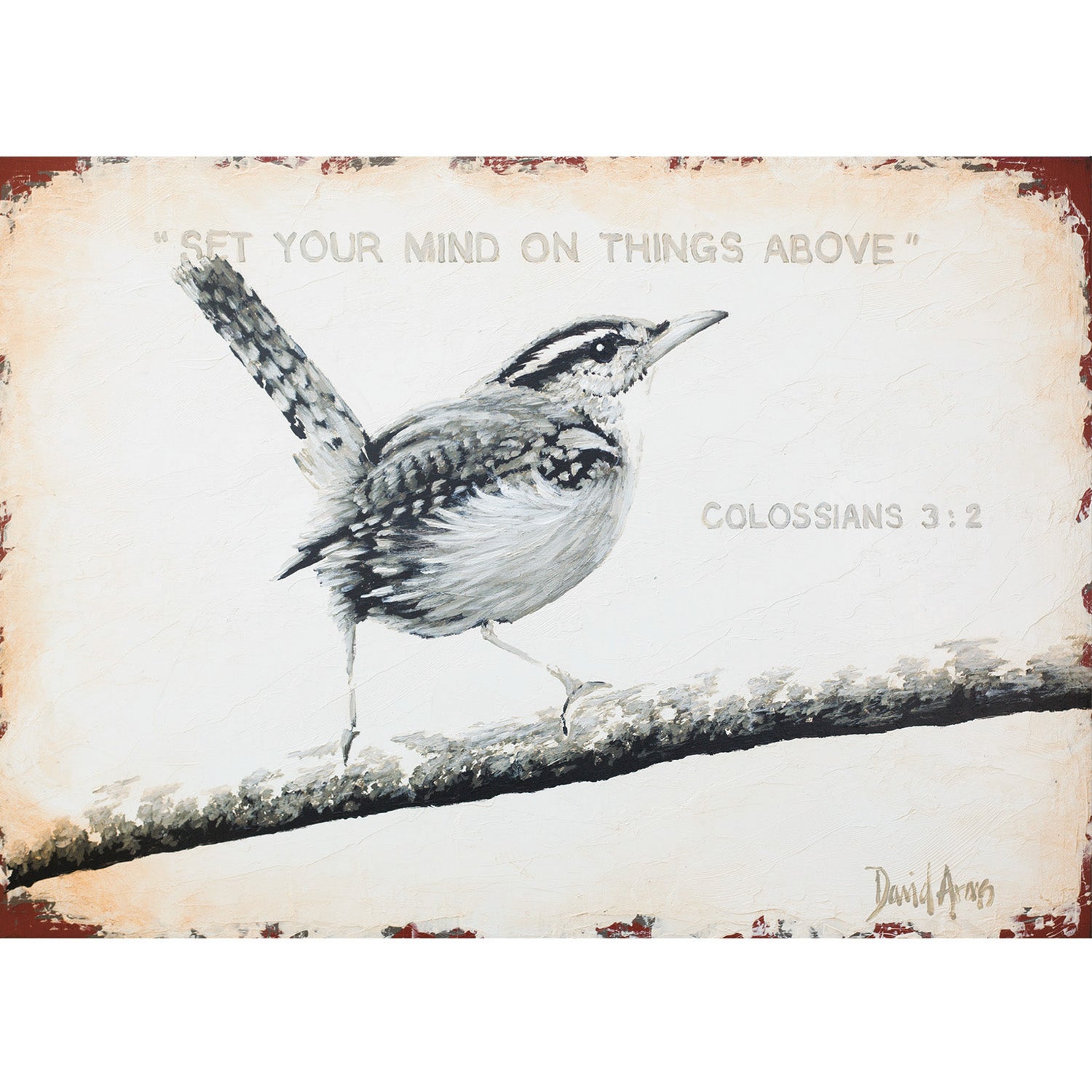 A black and white illustration of a songbird resting on a branch over a tan background, with Bible quote &quot;Colossians 3:2&quot; printed above the bird.