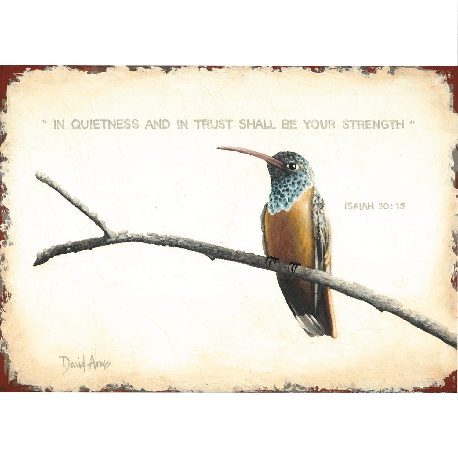 An illustration of a hummingbird in muted tones resting on a branch, with Bible quote &quot;Isiah 30:15&quot; printed in gray on the light tan background.