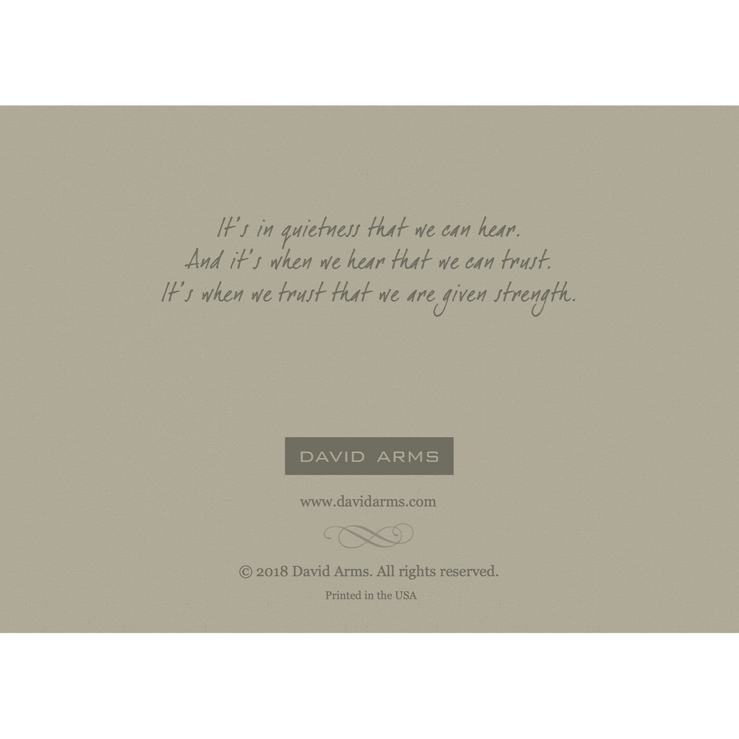 The gray back side of the greeting card, featuring a quote from artist David Arms.