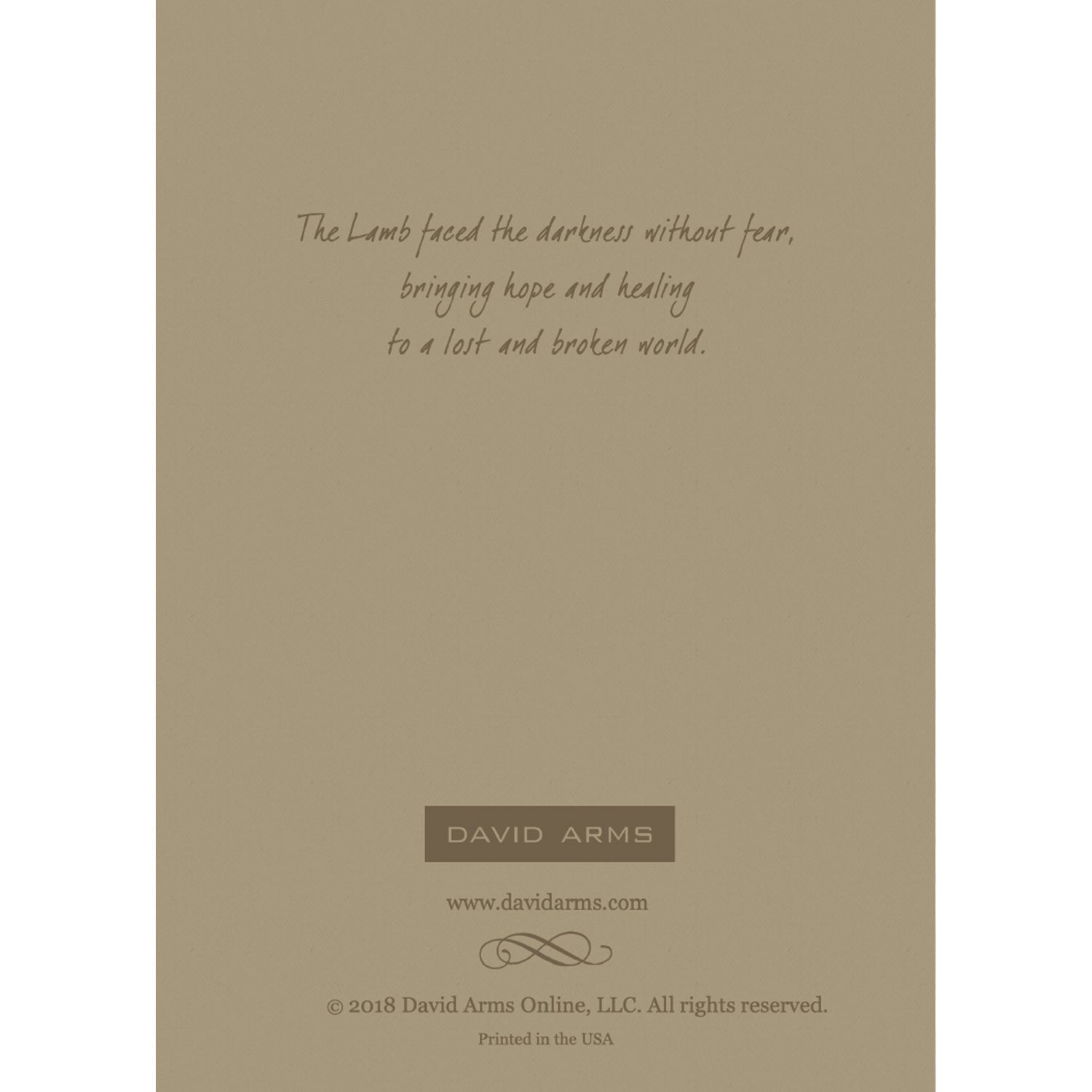 The beige back-side of the greeting card featuring a quote from artist David Arms.