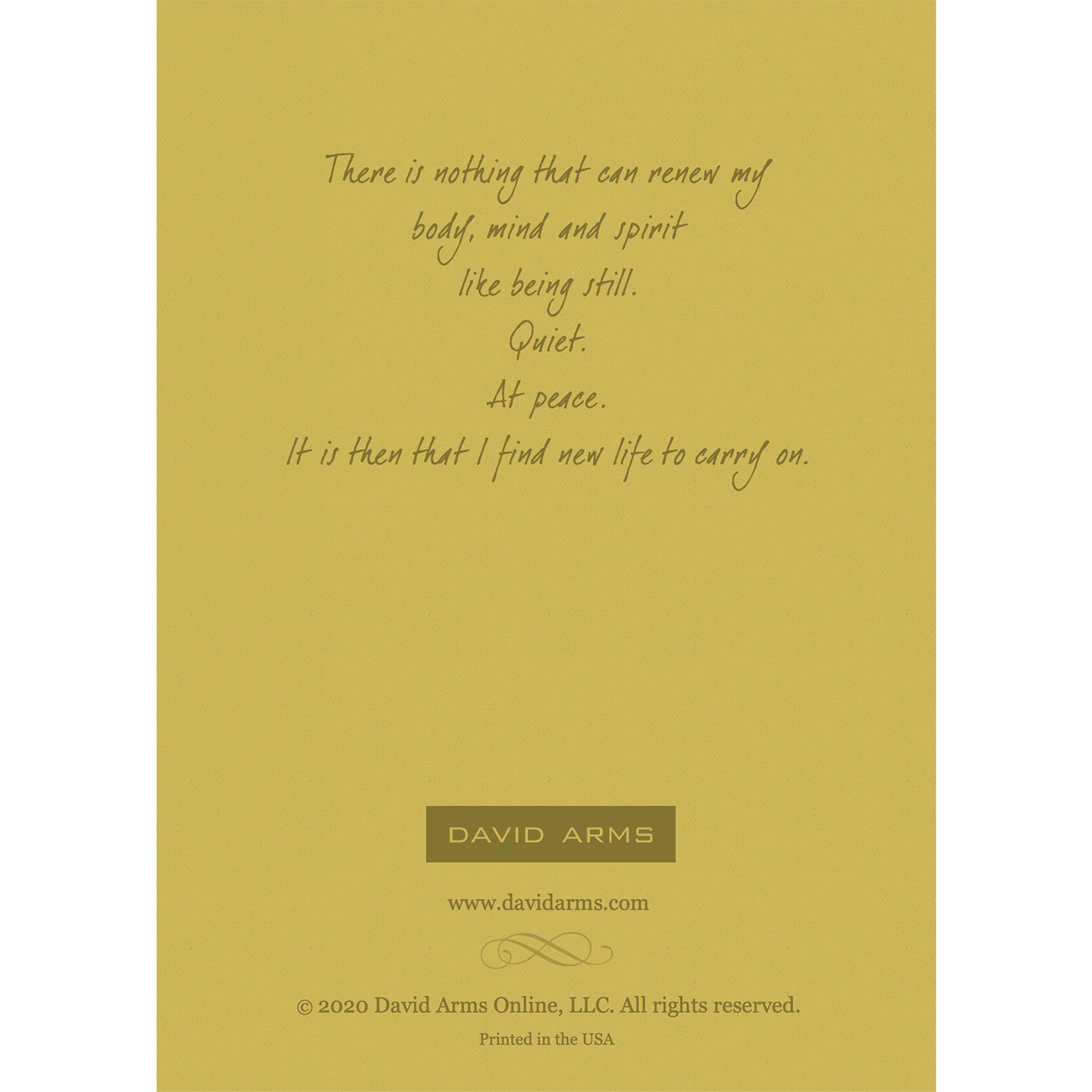 The olive green back side of the greeting card, featuring a quote from artist David Arms.