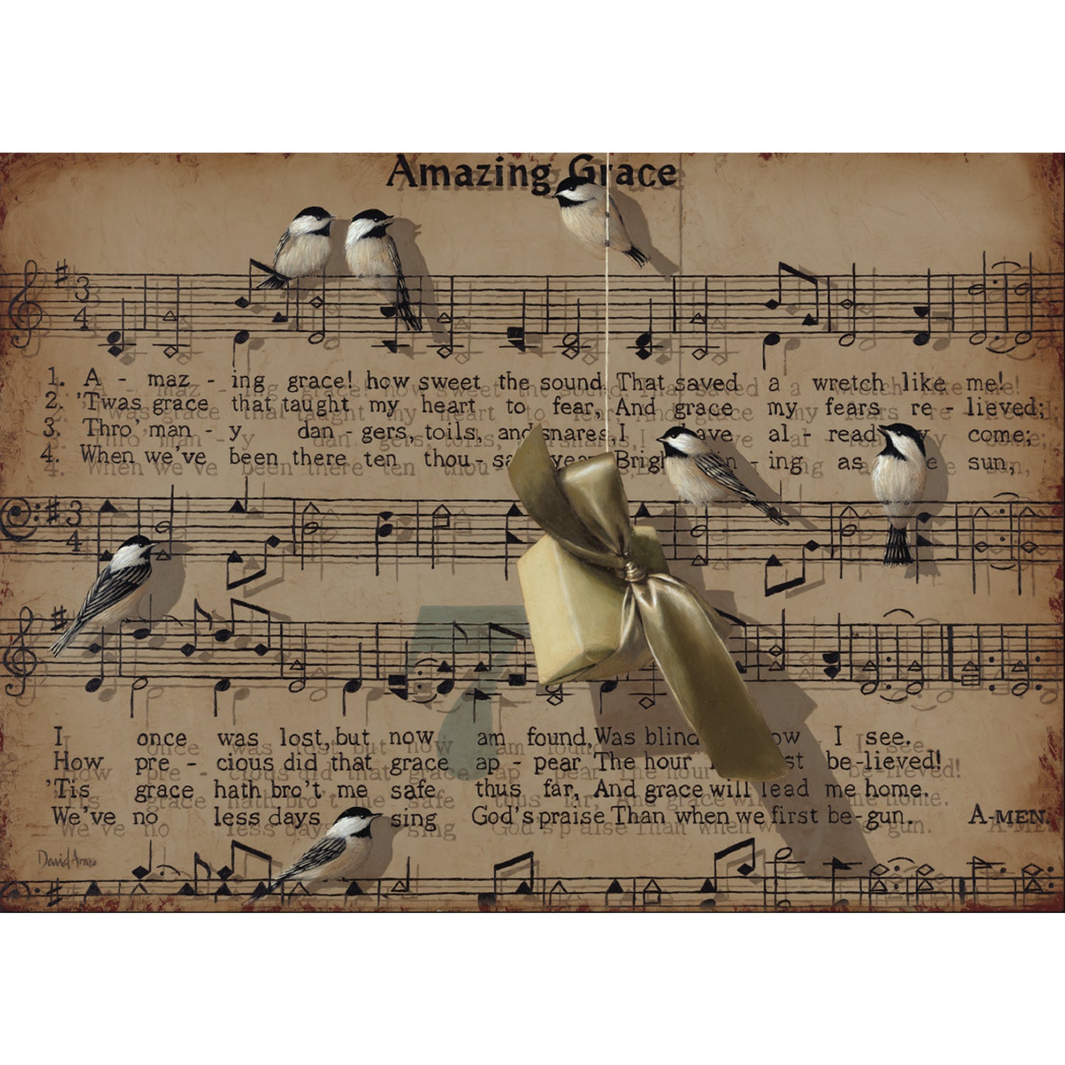 A design featuring tan, aged sheet music for &quot;Amazing Grace&quot; in the background, with several small chickadee birds sitting on the music bars, with a small wrapped gift hanging by a thread in the foreground.