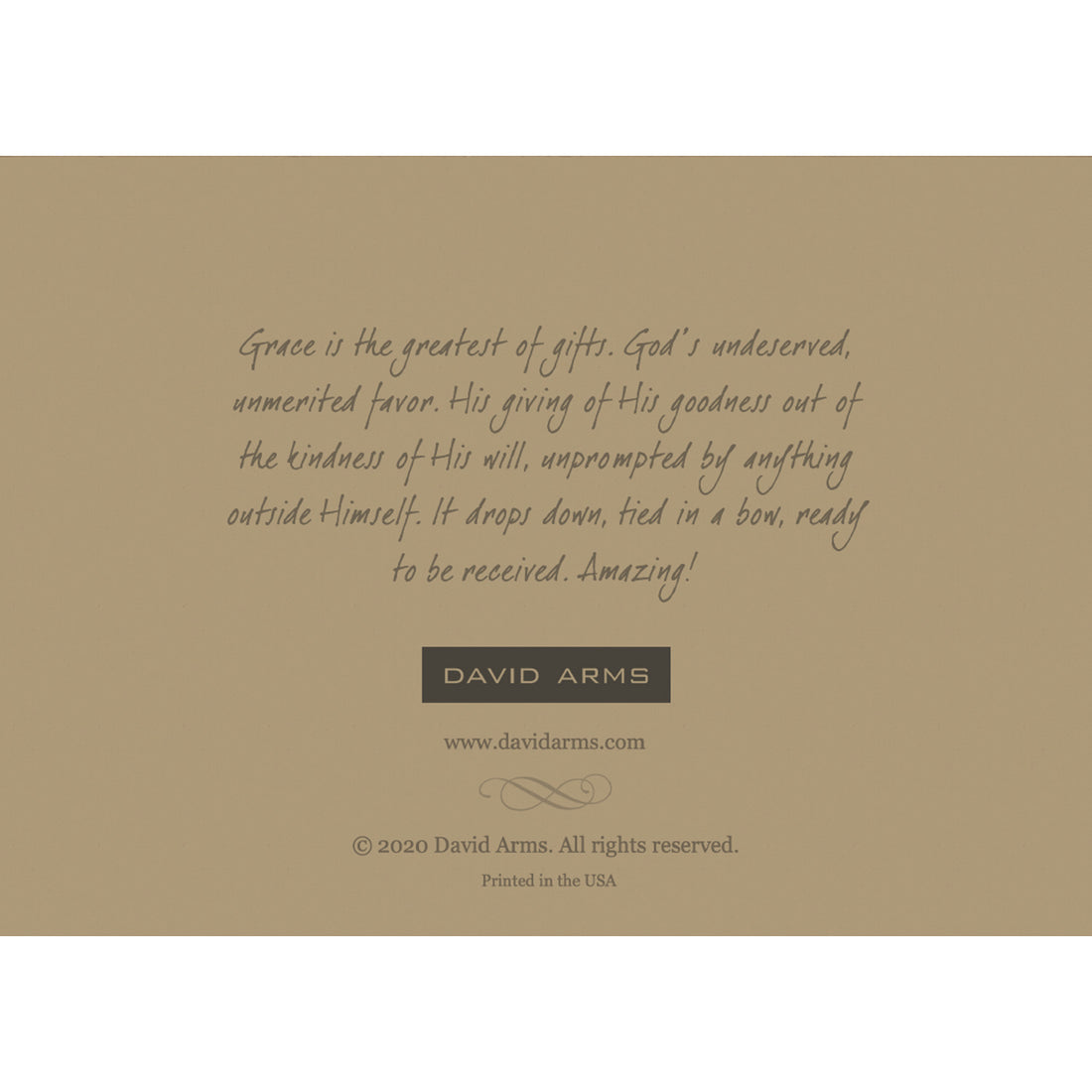 The tan back side of the greeting card, featuring a quote from artist David Arms. 