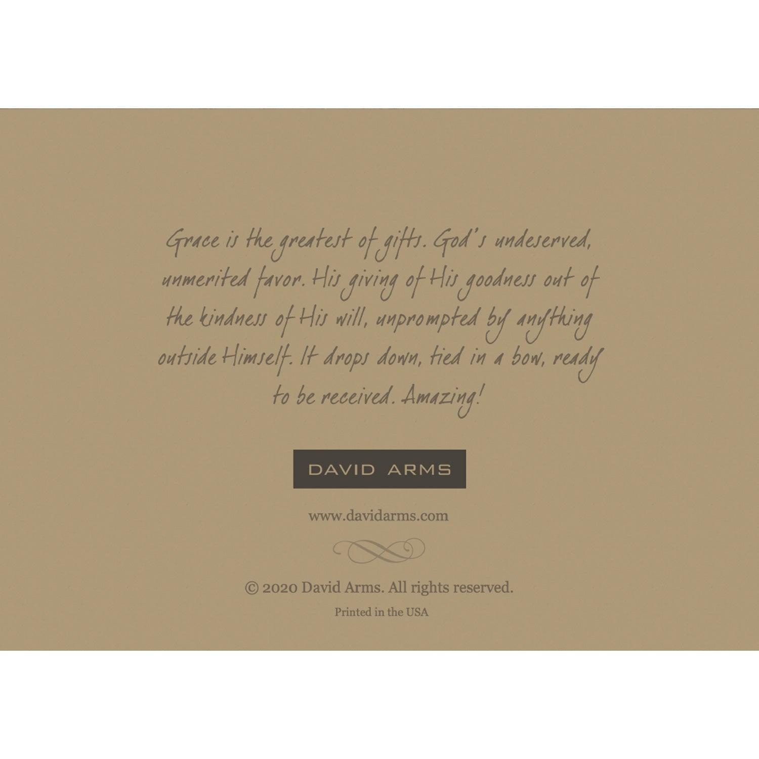 The tan back side of the greeting card, featuring a quote from artist David Arms. 